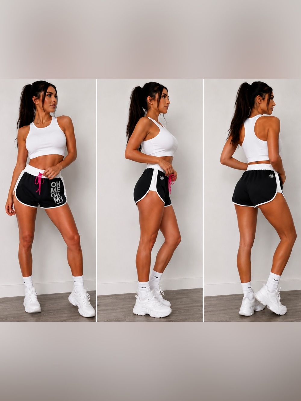 Hipkini Black Athletic Shorts with Pink Drawstring and White Trim Size S/M